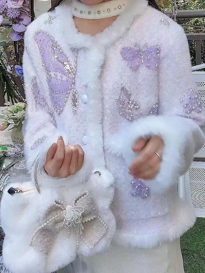 Wool Coat Peacoat - Kardigan Rajut Mewah Berhias Mutiara dengan